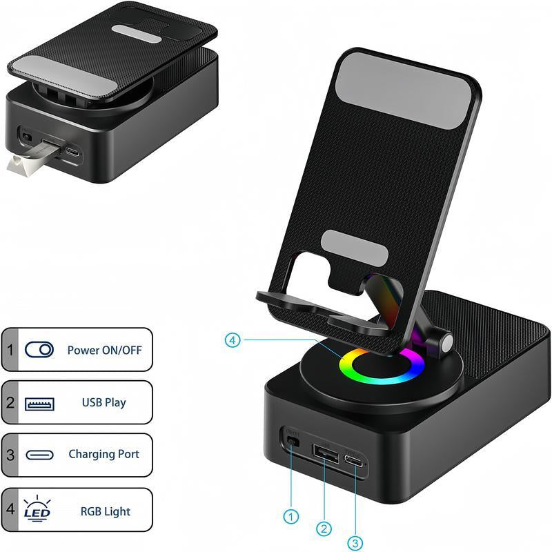 Wireless Audio Bluetooth Speaker 5In1 Phone Holder Emergency Rechargeable Withcolorful Ambient Light 300° Foldable for Tablet Iphone Android, Gifts for Men Women ,Black