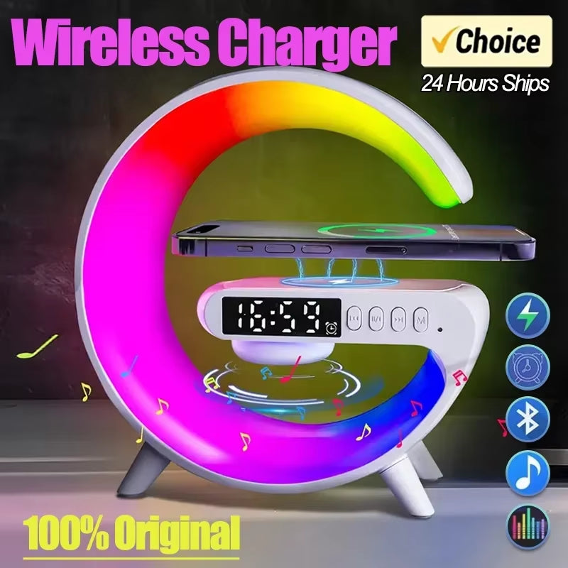Revolutionary 4-in-1 Wireless Charger with Alarm Clock, Bluetooth Speaker, and RGB Night Light – Perfect for All Your Devices!