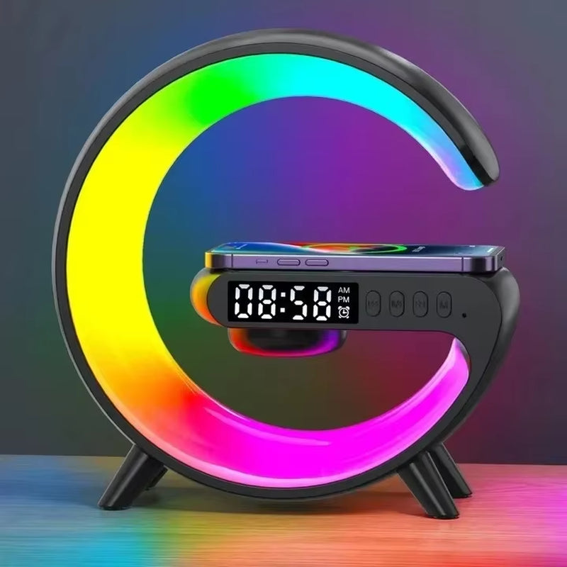 Revolutionary 4-in-1 Wireless Charger with Alarm Clock, Bluetooth Speaker, and RGB Night Light – Perfect for All Your Devices!