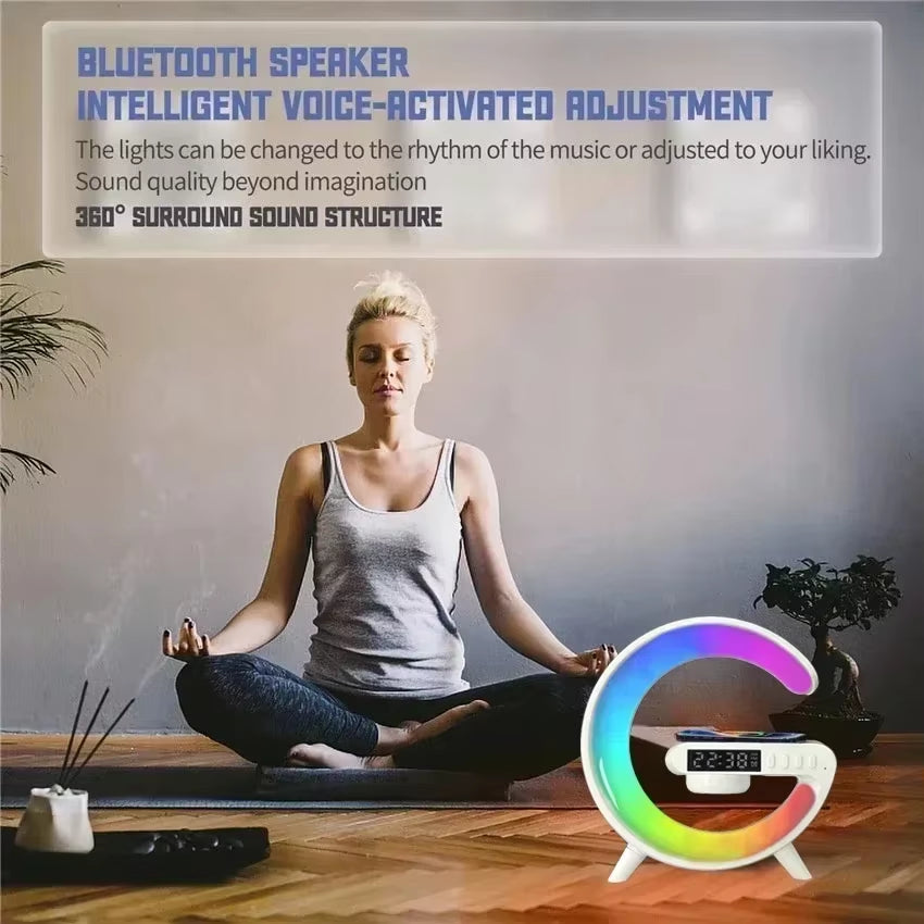 Revolutionary 4-in-1 Wireless Charger with Alarm Clock, Bluetooth Speaker, and RGB Night Light – Perfect for All Your Devices!
