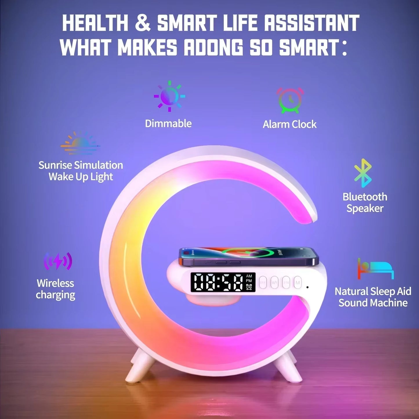 Revolutionary 4-in-1 Wireless Charger with Alarm Clock, Bluetooth Speaker, and RGB Night Light – Perfect for All Your Devices!