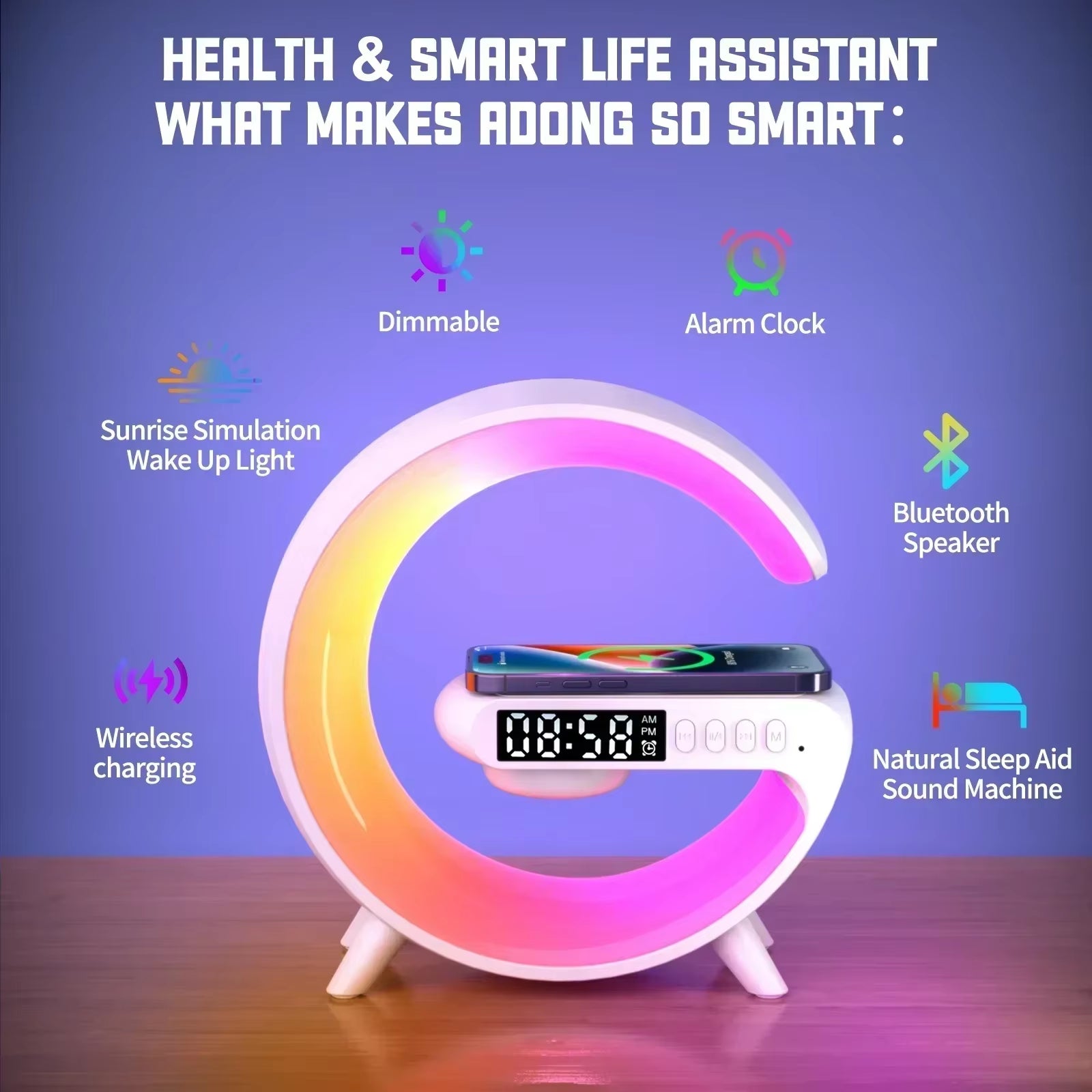 Revolutionary 4-in-1 Wireless Charger with Alarm Clock, Bluetooth Speaker, and RGB Night Light – Perfect for All Your Devices!
