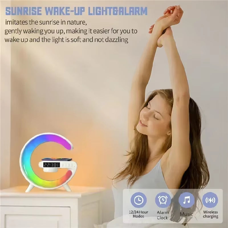 Revolutionary 4-in-1 Wireless Charger with Alarm Clock, Bluetooth Speaker, and RGB Night Light – Perfect for All Your Devices!